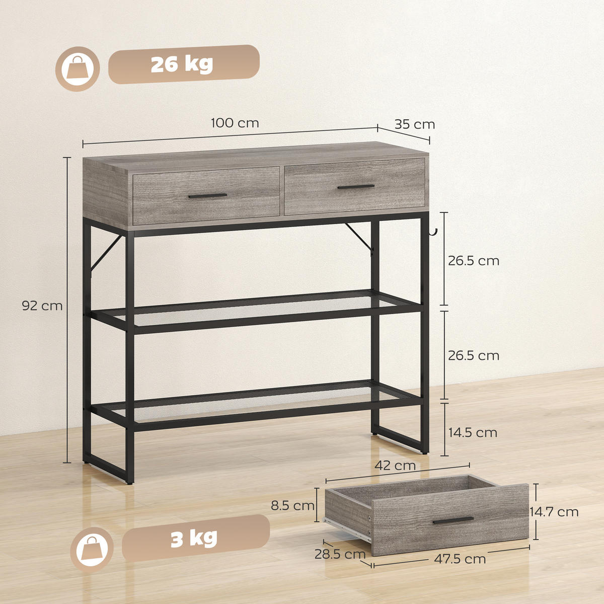 KONSOLENTISCH Hellgrau Spanplatte Metall 1 Stück - Hellgrau, Metall (100/35/92cm) - GiPP