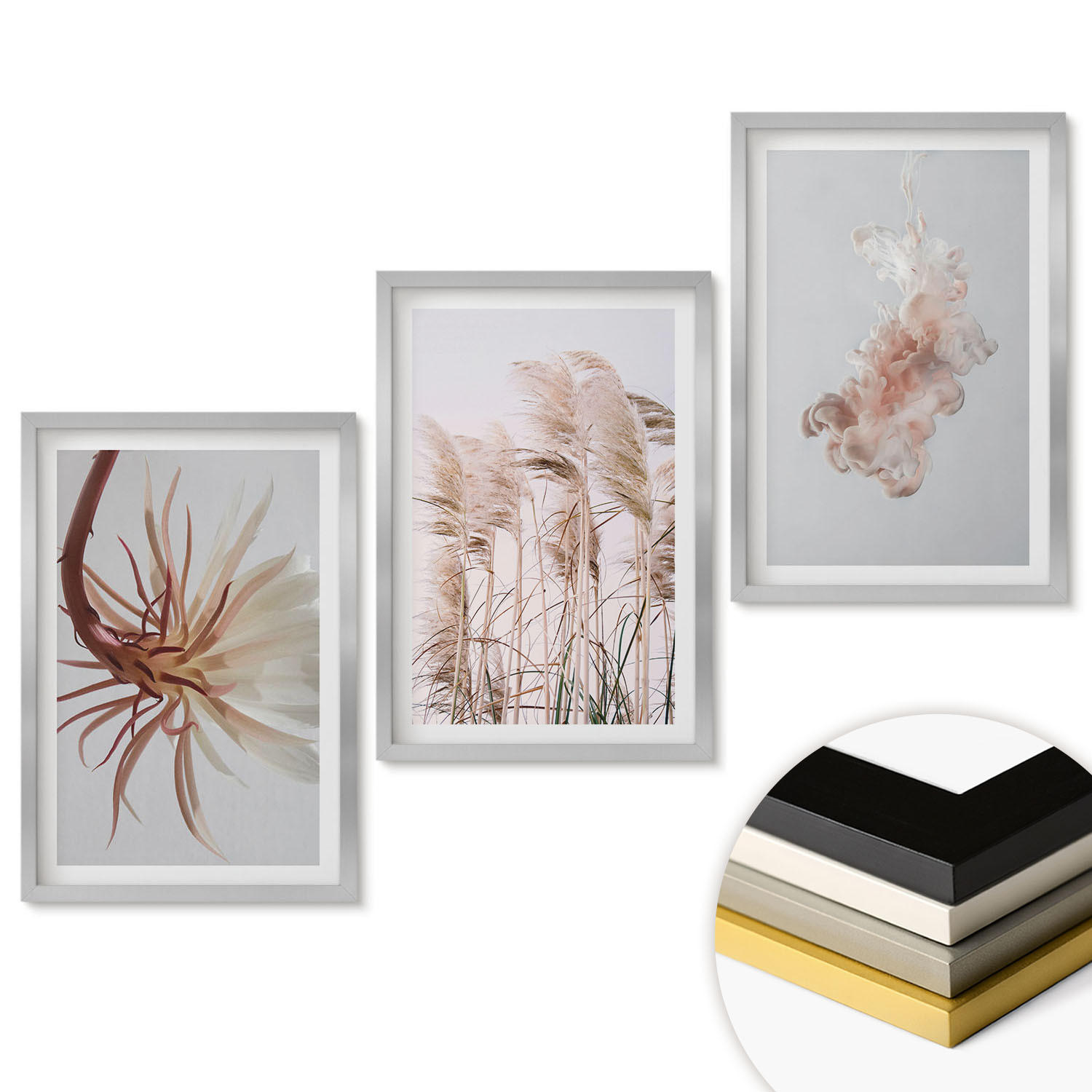 WANDBILDER 3er Set - 40x60 cm Silberner Rahmen - Set aus Gras, Blumen und hellem Hintergrund - Silberfarben, Kunststoff (40/60cm) - ArtPrintCave