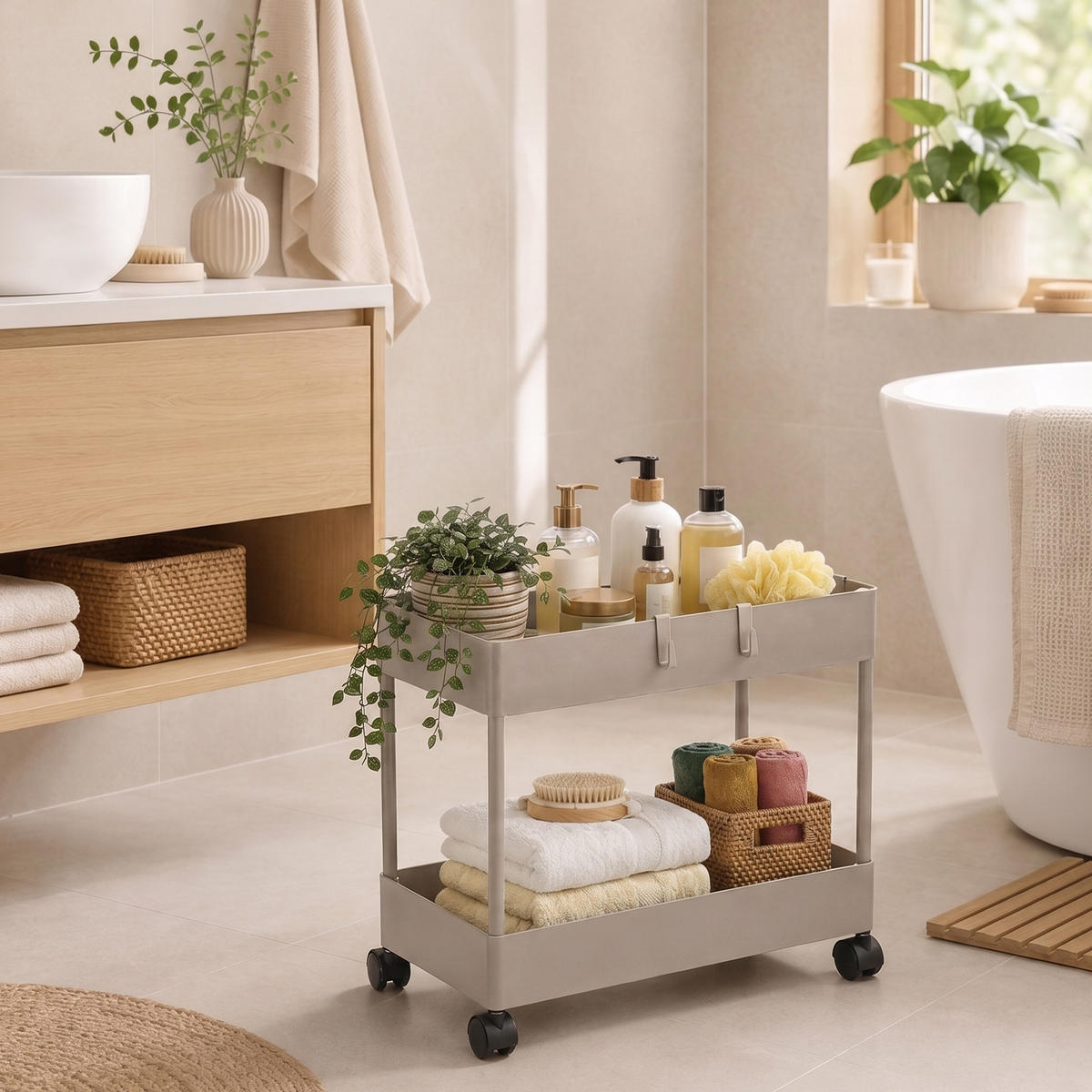 ROLLWAGEN - Beige, Kunststoff/Metall (39.5/38/21.5cm) - Relaxdays