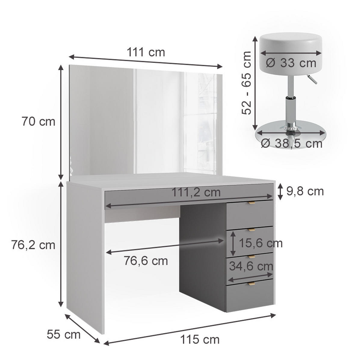 SCHMINKTISCH Elise Weiß/Grau/Grau 115 cm mit Hocker - Weiß/Grau, Holzwerkstoff (115/76/55cm) - Vicco