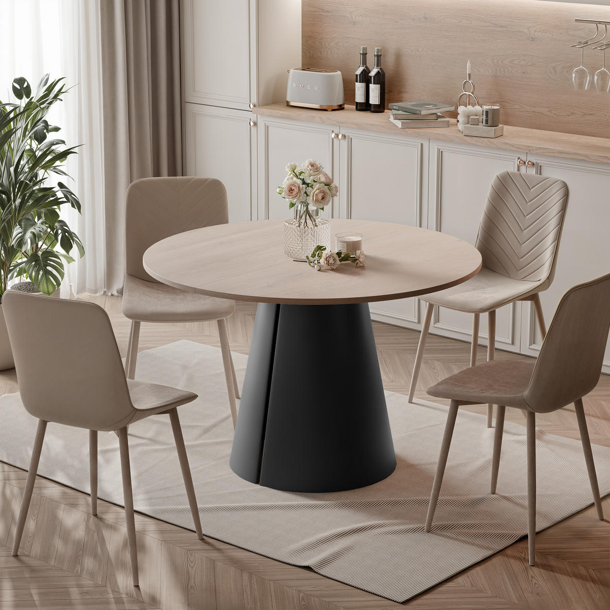 AUSZIEHTISCH BASE 120-196/76 cm, Schwarz / Cremona Cannolo (Cremefarben) - Creme/Schwarz, Holzwerkstoff/Metall (120/120/76cm) - Idohome