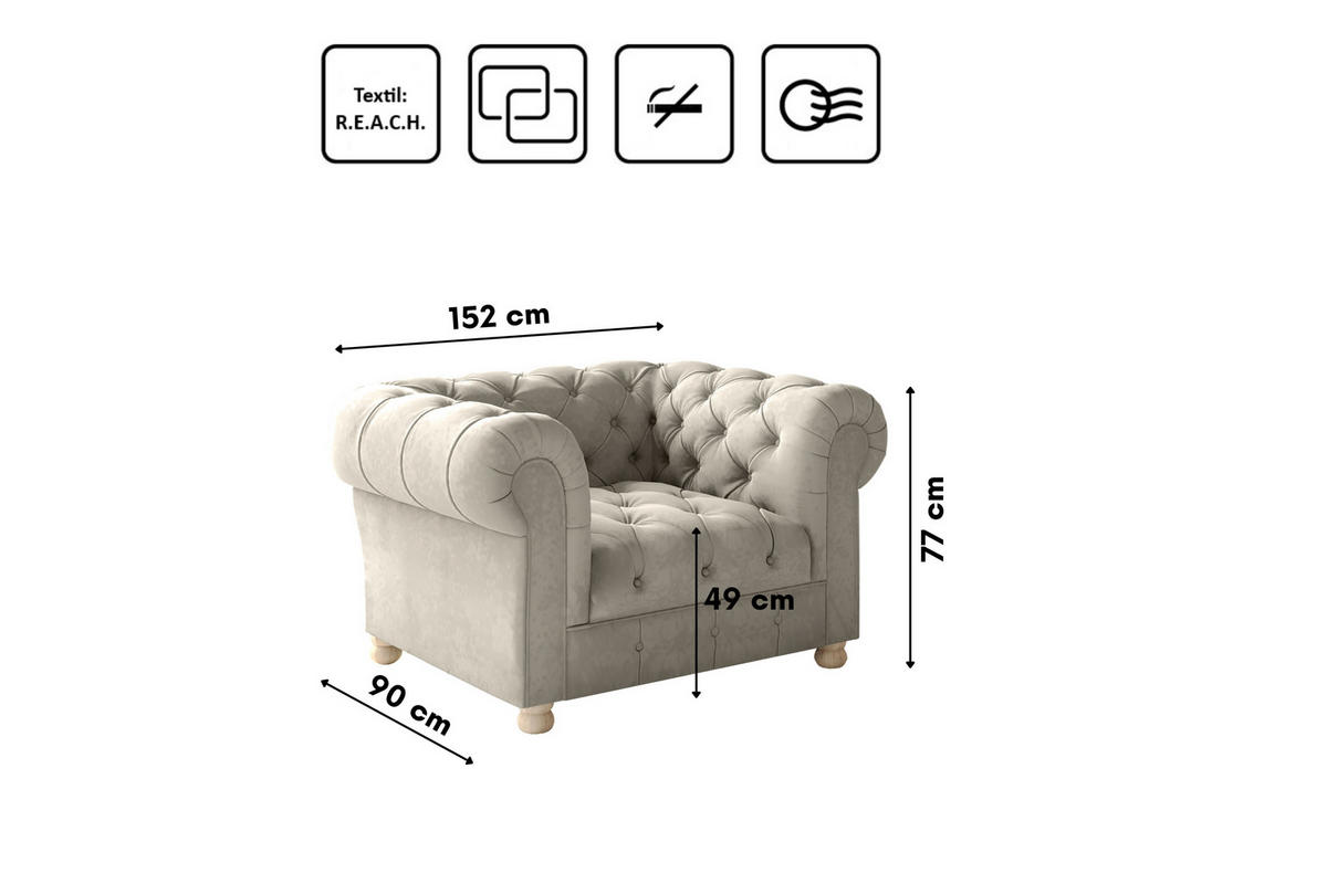 SITZGARNITUR 3+1+1 CHESTERFIELD Elegant Klassisch Schick Stoff Whisper Creme - Creme, Holz (202/77/90cm) - Kaiser Möbel