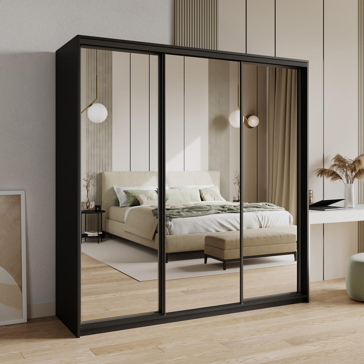 SCHWEBETÜRENSCHRANK RIEN 180/205/60 cm 3-türig mit Spiegel und Schubladen Schwarz - Schwarz, Holzwerkstoff (180/205/60cm) - MASSENO