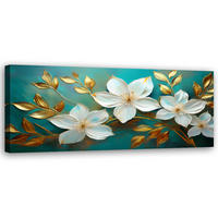 WANDBILD weiße blumen goldene türkisfarbene blätter - Goldfarben, Textil (90/30cm) - Feeby