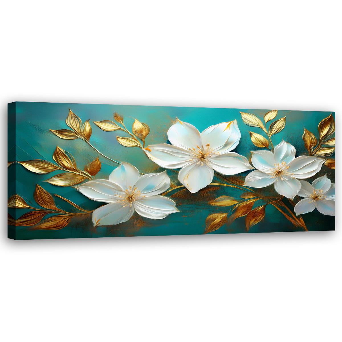 WANDBILD weiße blumen goldene türkisfarbene blätter - Goldfarben, Textil (90/30cm) - Feeby