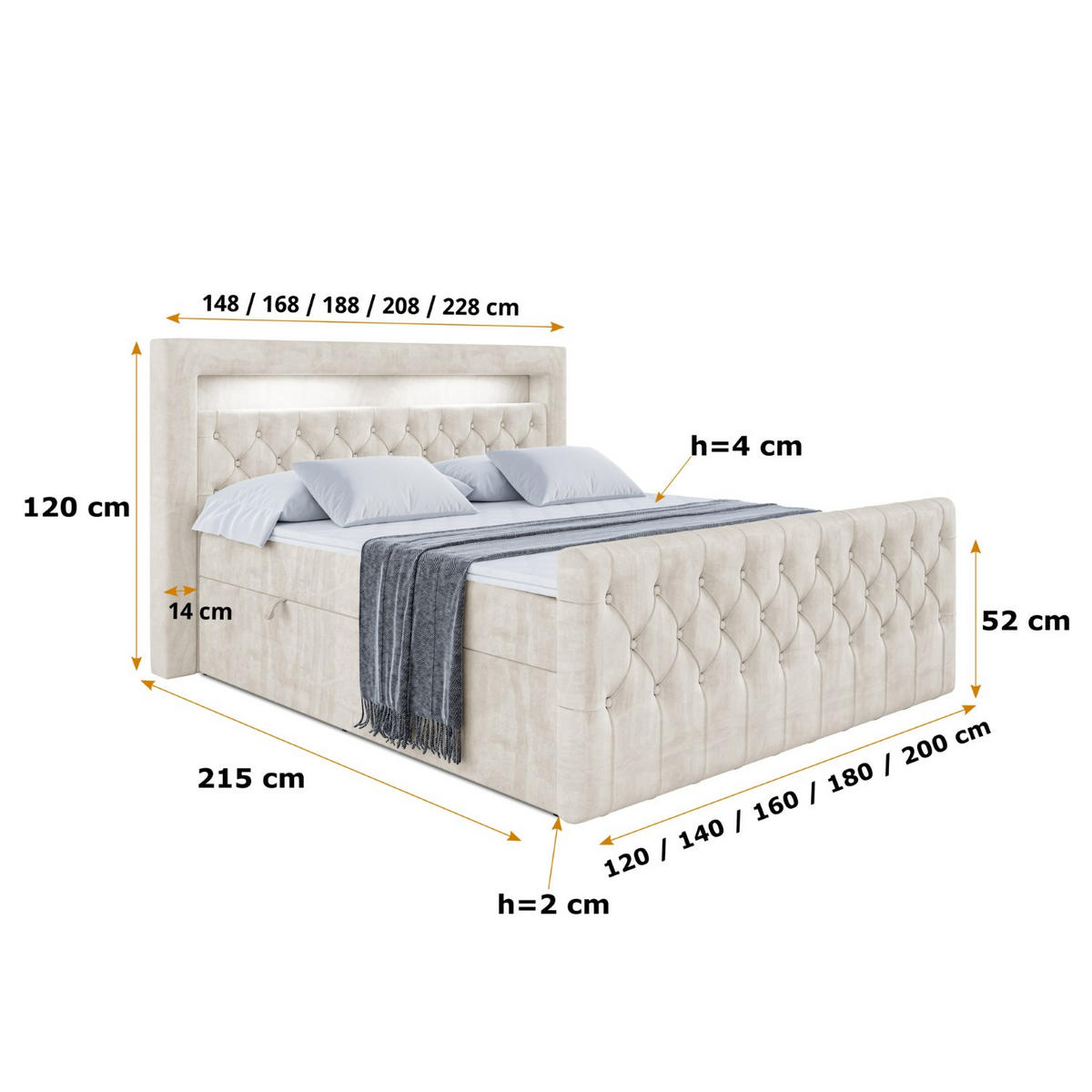 BOXBETT AURORA - 180x200 - H3 - Ecru - Ecru, Holzwerkstoff (180/200cm) - ALTDECOR