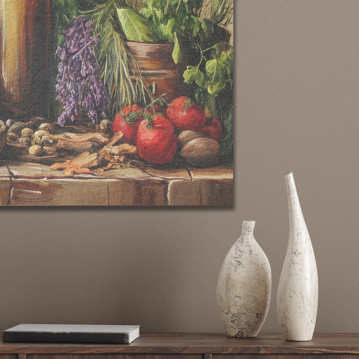 AKUSTIKBILD Stilleben - Kräuter - Gewürze - Früchte - Farbenfroh Wanddeko 70x50 cm - Grün, Kunststoff (70/50/0.9cm) - MuchoWow