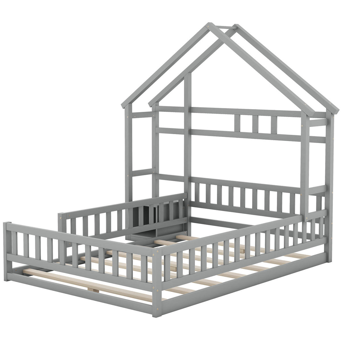 KINDERBETT 140/200 cm im Hausdesign mit Geländer und Nachttisch, Grau - Grau, Holzwerkstoff (140/200cm) - Redom