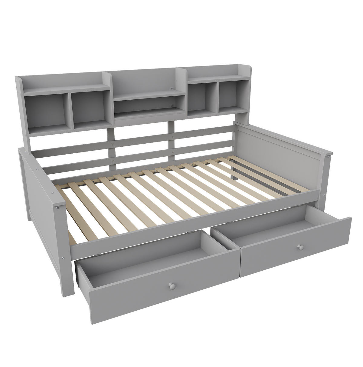 KINDERBETT 90/200 cm als Schlafsofa mit 2 Schubladen, Seitenregalen und Lattenrost aus Massivholz, Grau/Weiß - Grau, Holzwerkstoff (90/200cm) - Redom