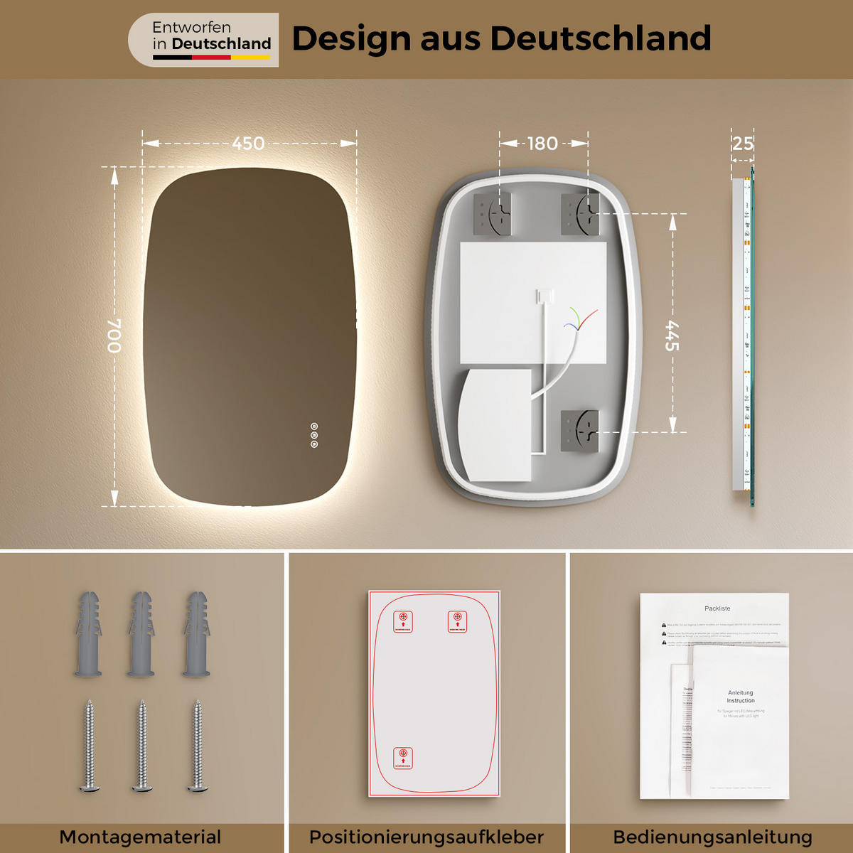 BADSPIEGEL MIT BELEUCHTUNG 70/45 cm Oval mit dimmbarer LED-Beleuchtung und Antibeschlag - Transparent, Glas (45/70/2.5cm) - S'AFIELINA