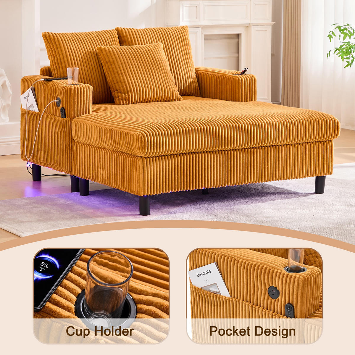 RELAXLIEGE XXL Polsterliege,Relaxsessel,3 Zierkissen,Cord,Gelb - Gelb, Textil (128/85/142cm) - LVHOM