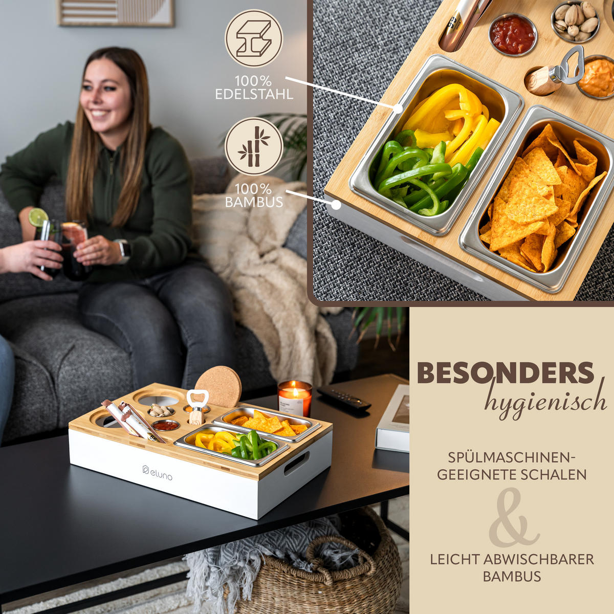 COUCHBAR mit abnehmbarem Deckel, Bambus, weiß - Creme, Holz (40/8/26cm) - eluno