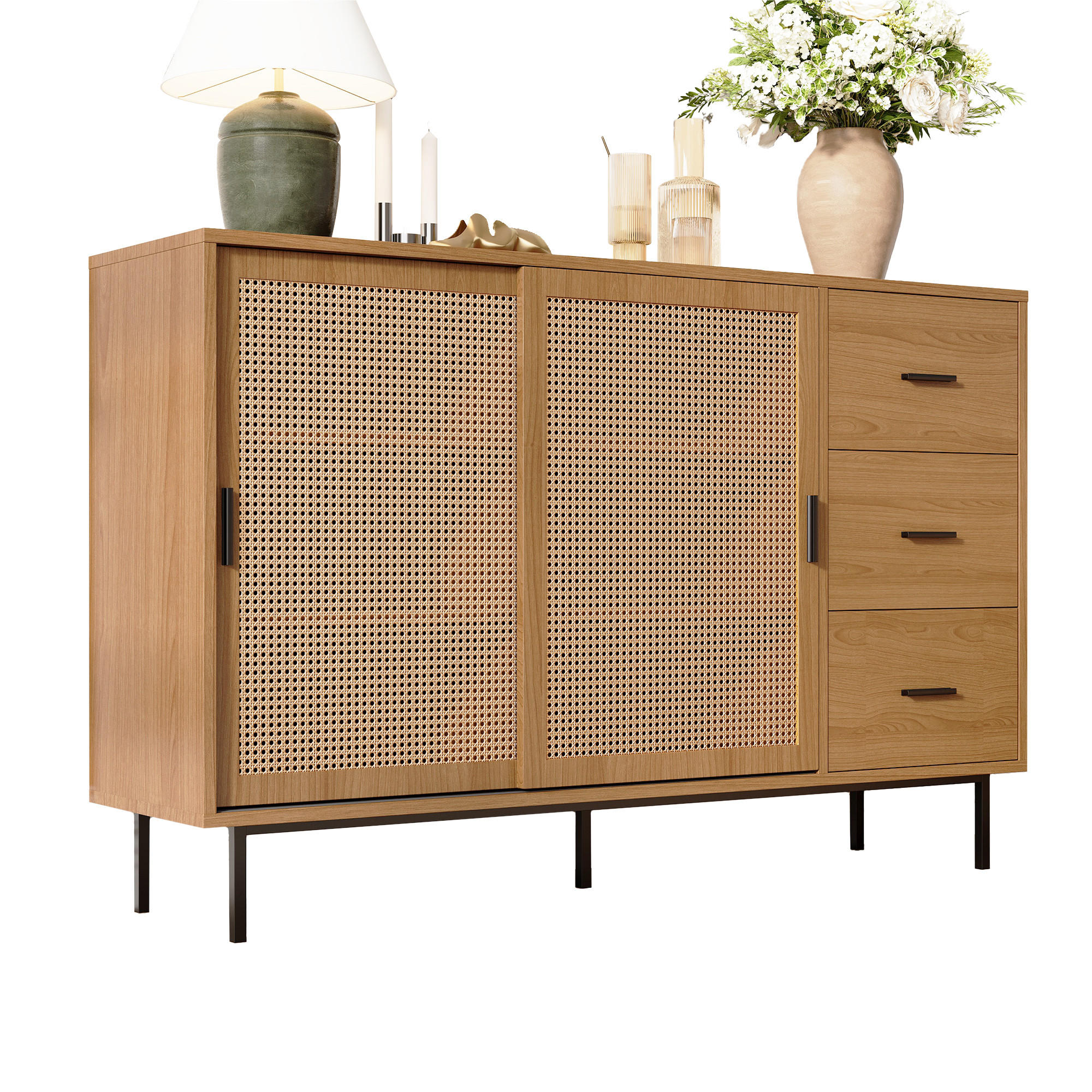 SIDEBOARD 140x37x91 cm mit Schiebetüren und 3 Schubladen - Naturfarben, Holzwerkstoff (140/91/37cm)