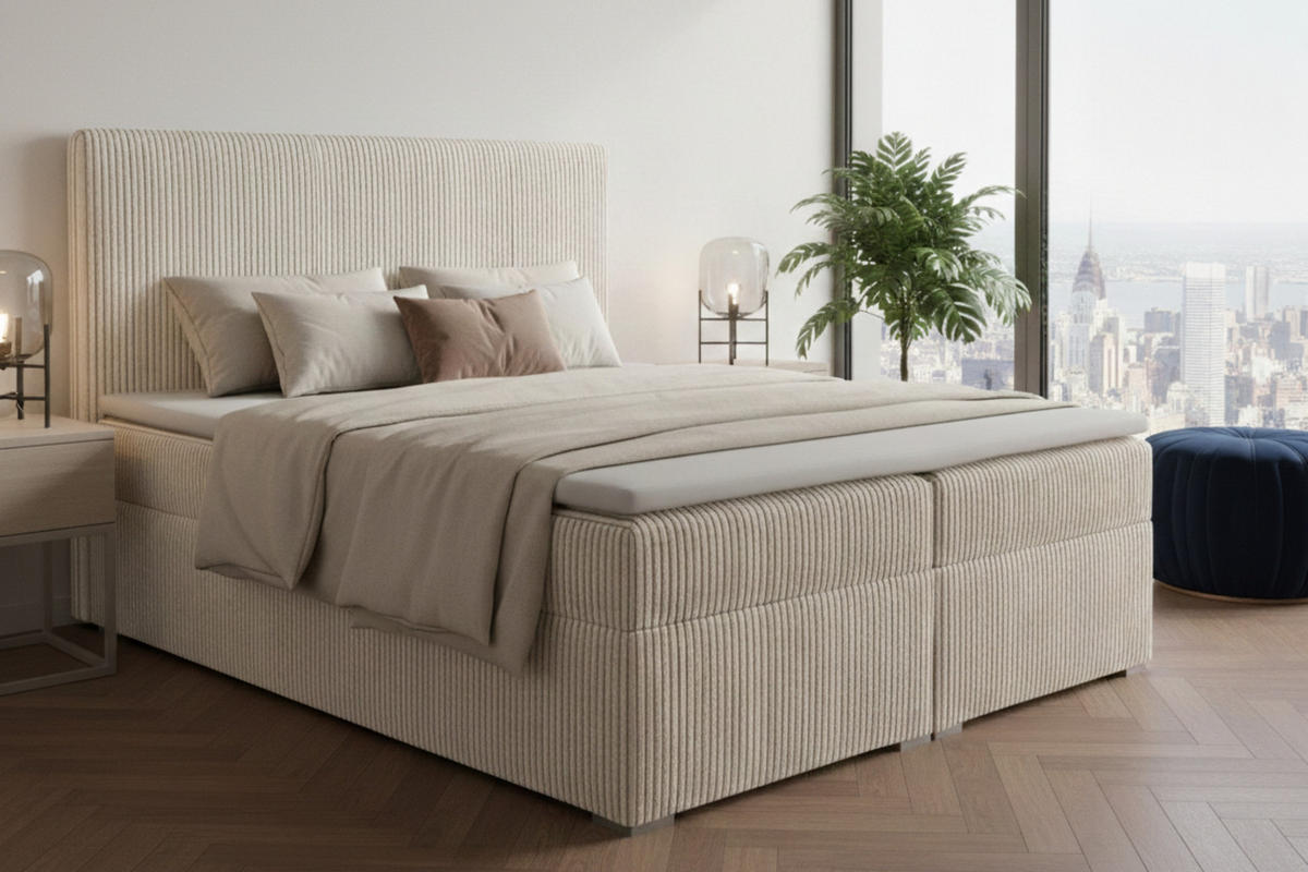 BOXBETT LOFT IV 160/200 Cord Ecru mit Bonell-Federkernmatratzen H3 - Ecru, Holz/Holzwerkstoff (160/200cm) - Deine Möbel 24