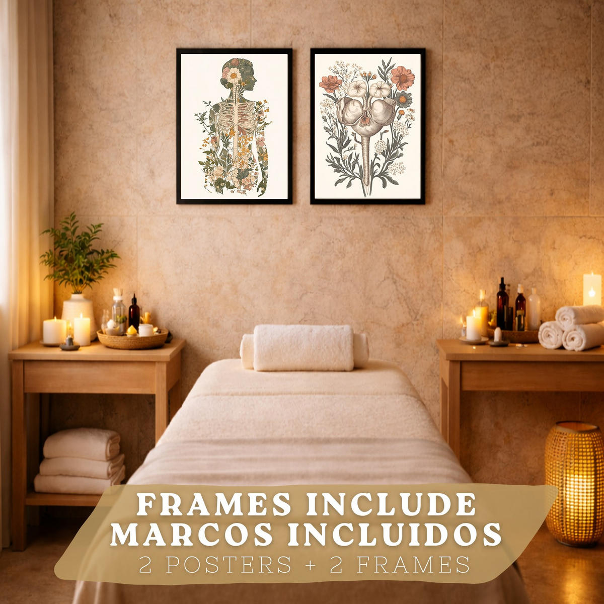 POSTER Set aus 2 Anatomie Mensch Drucke und Wandbilder mit Weiblicher Silhouette und Fortpflanzungssystem Botanischer Stil Größe Schwarzer Rahmen A3 - Schwarz, Papier (29.7/42/3cm) - Nacnic
