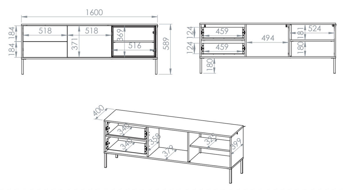 TV-LOWBOARD Barnee mit beleuchteter Glasvitrine, Kaschmirgrau, 160 cm - Taupe/Schwarz, Holzwerkstoff/Metall (160/58.9/40cm) - Selsey