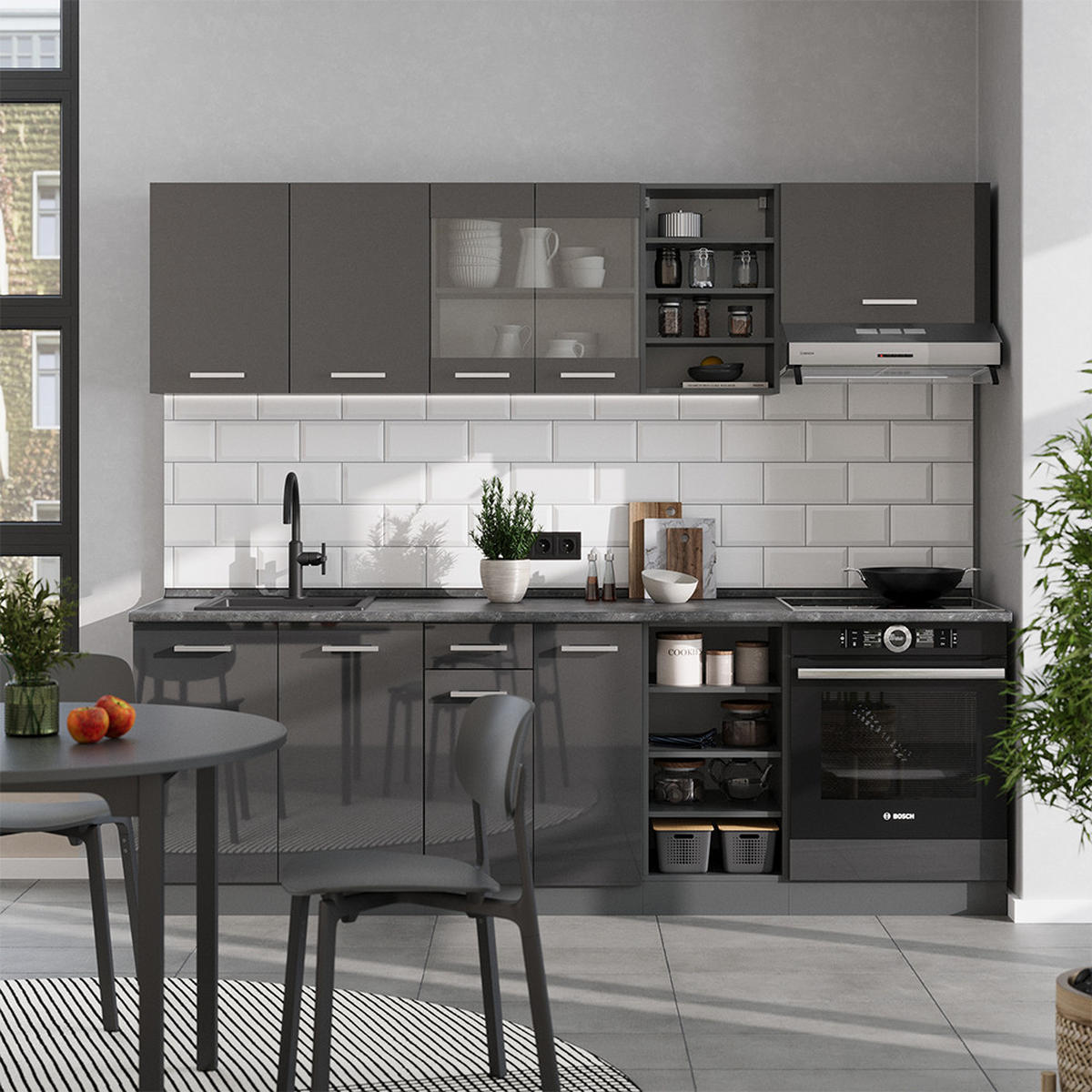 KÜCHENZEILE R-Line Anthrazit Hochglanz/Anthrazit 240 cm ohne Arbeitsplatte - Anthrazit, Holzwerkstoff (240/81.6/46cm) - Vicco