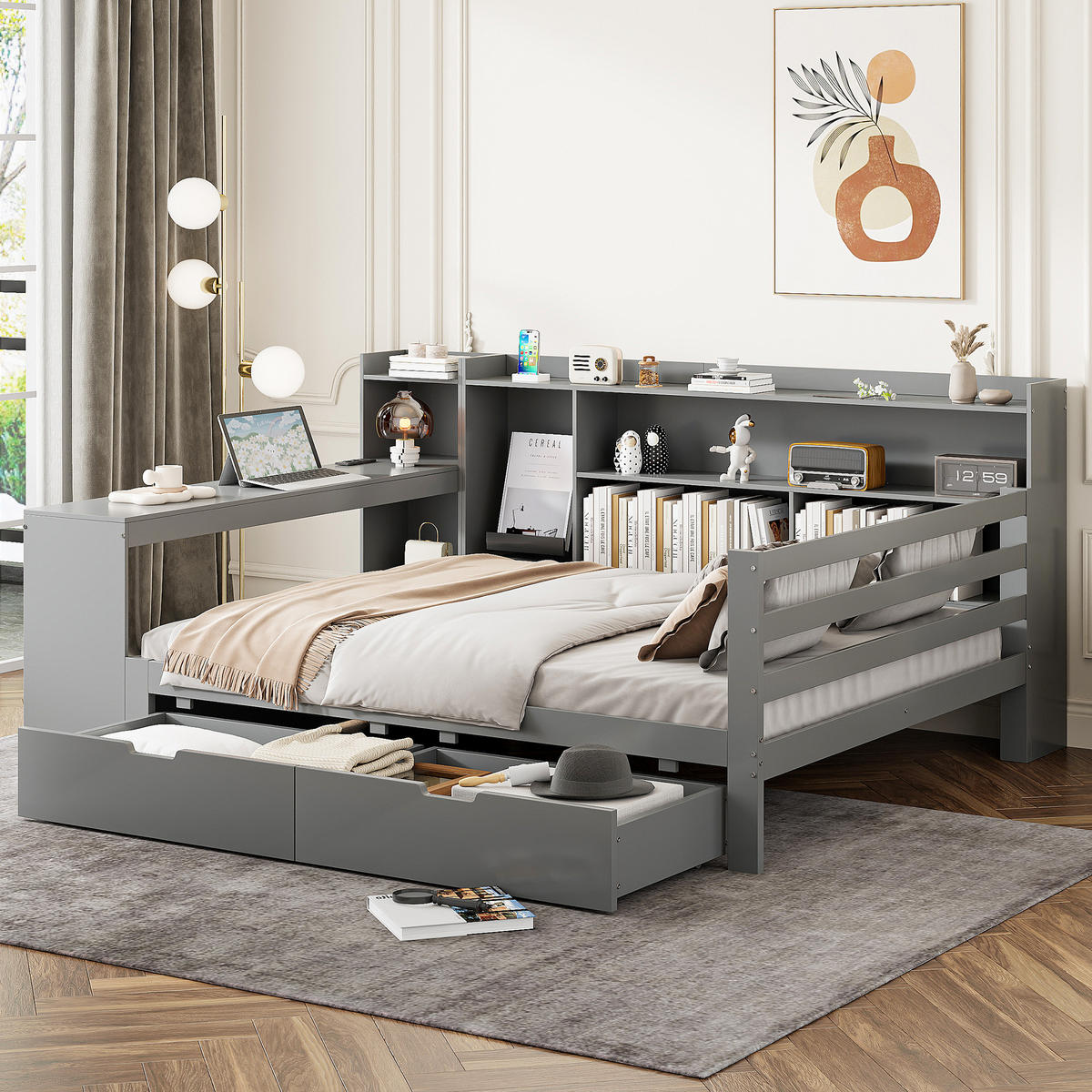 POLSTERBETT 140x200 cm Holz Regal grau - Grau, Holz (140/200cm) - LEBENLANG