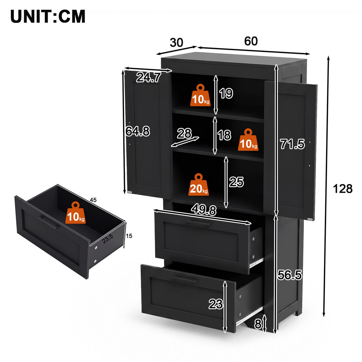 HIGHBOARD DE-38698 60/30/128 cm 2 Schubladen und Scheunentür Schwarz - Schwarz, Holzwerkstoff (60/128/30cm) - ComfortXL