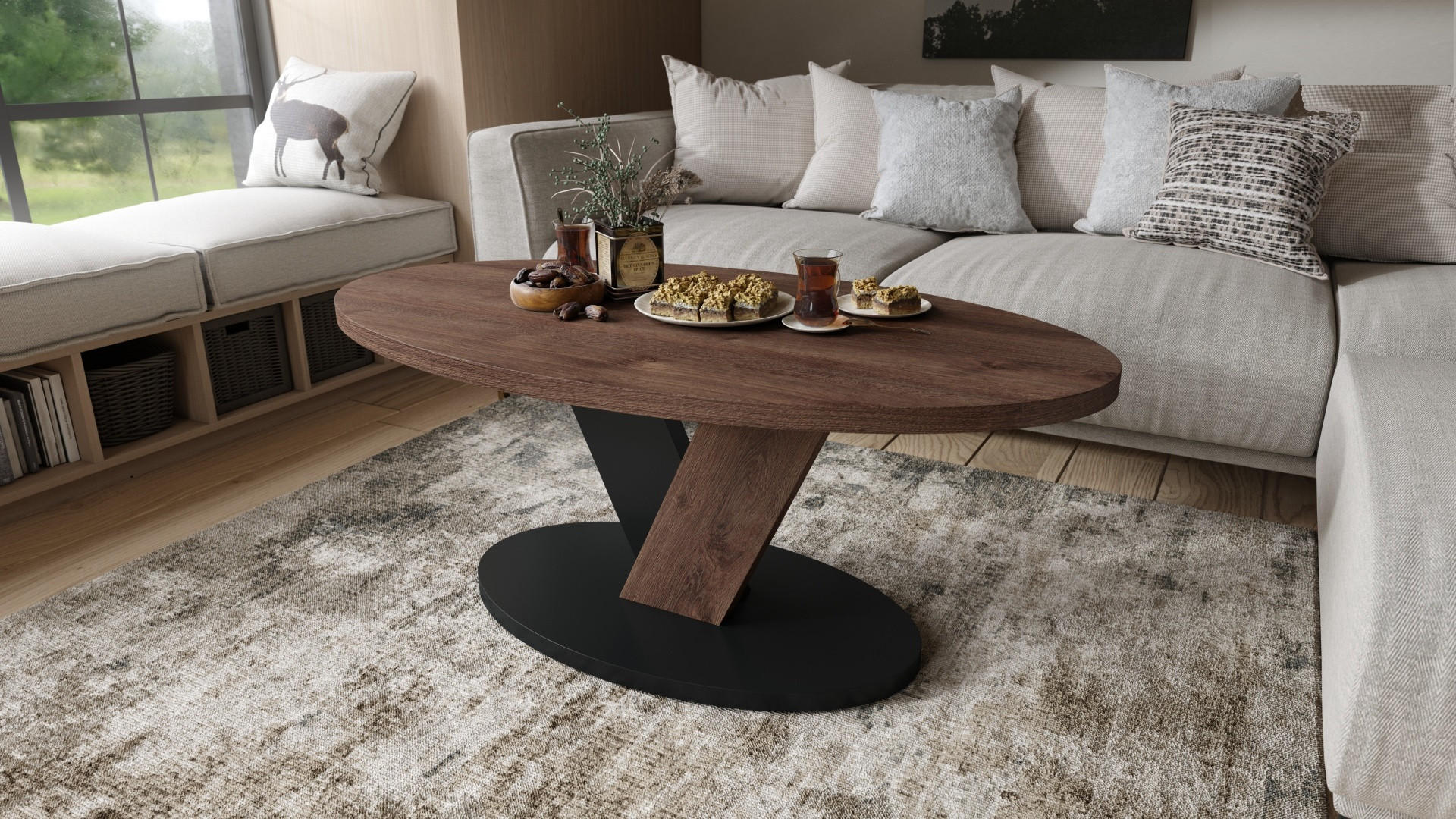 COUCHTISCH Oval Eiche dunkel - Schwarz mit Ablage - Dunkelbraun/Schwarz, Holzwerkstoff (60/110/45cm) - designimpex