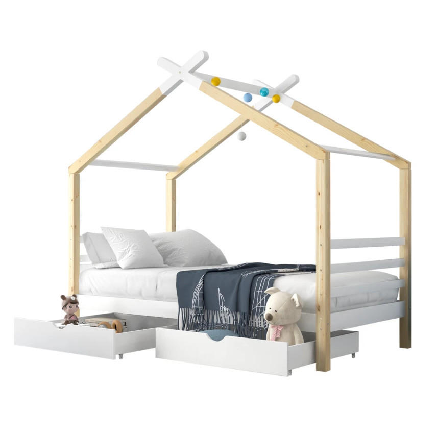 HAUSBETT 90/200 cm in Weiß – mit Satteldach, 2 Schubladen und Liegefläche 90/200 cm - Weiß, Holz (90/200cm) - BEAOK