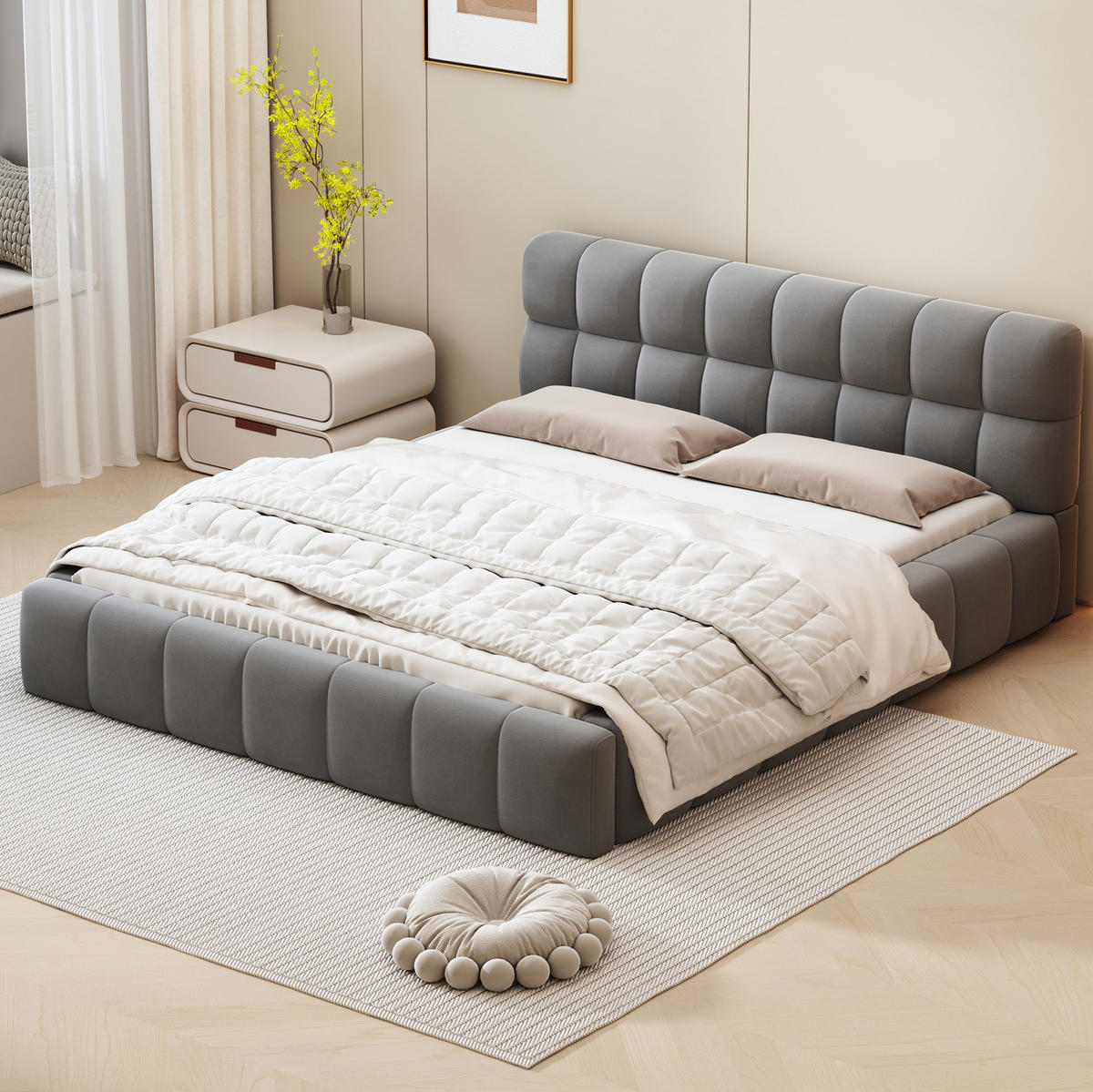 POLSTERBETT 140/190 cm mit gepolstertem Kopfteil, eingebettetem Matratzendesign und Lattenrost, Grau - Grau, Textil (140/190cm) - Redom