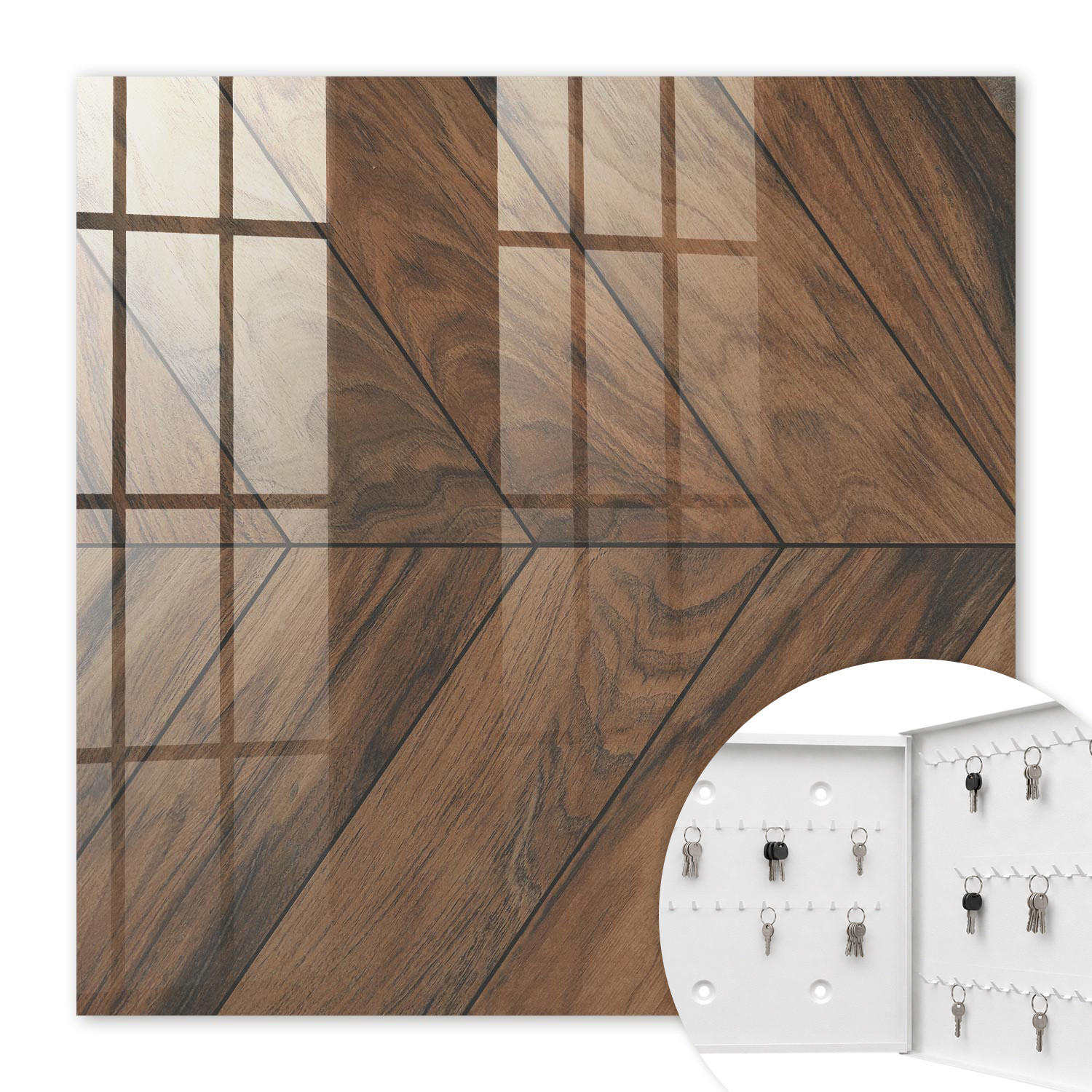 SCHLÜSSELBOX Weiß 30x30 cm – Türöffnung nach rechts - Holz-Fischgrätmuster - Braun, Metall (30/30/5cm) - TULUP