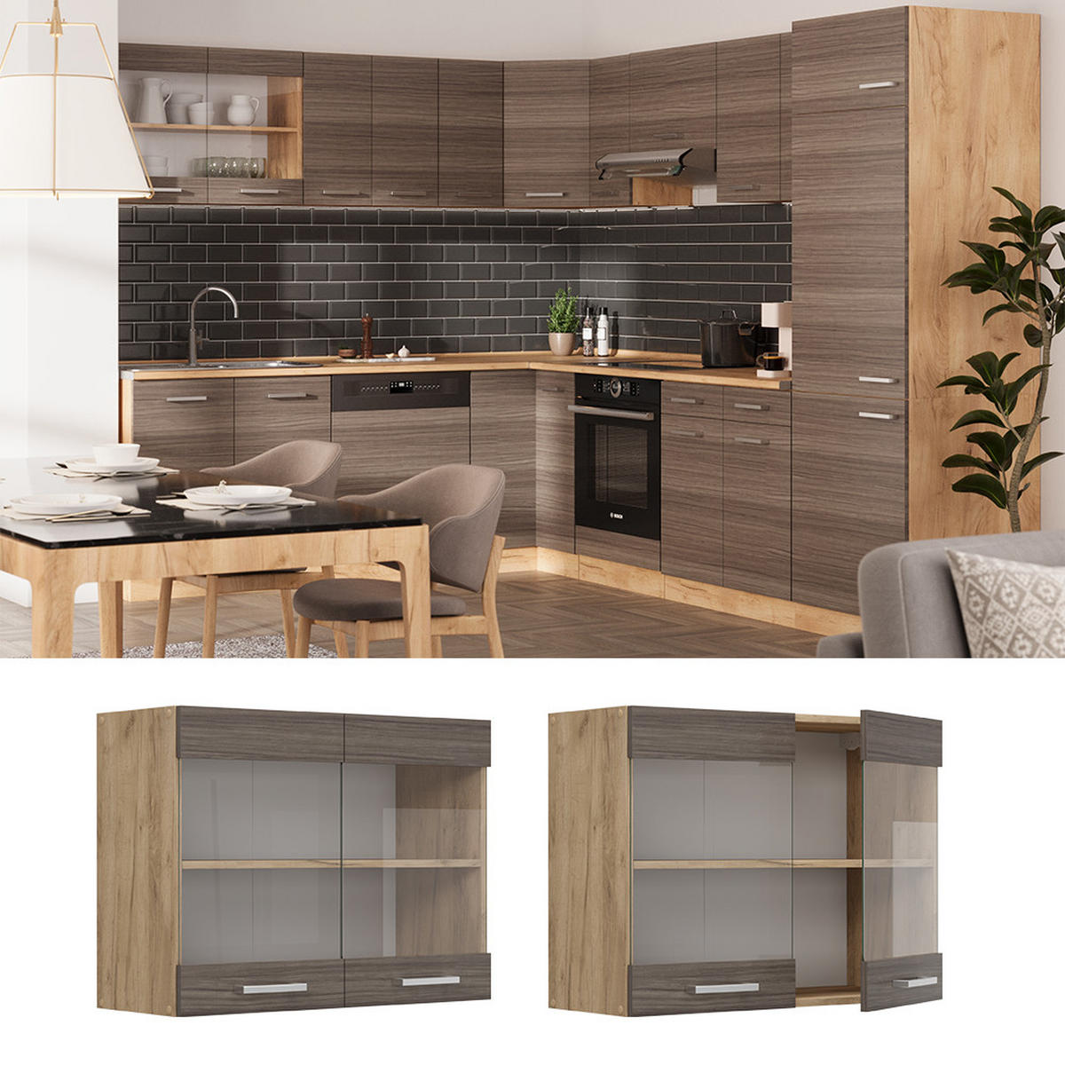 KÜCHENGLASHÄNGESCHRANK R-Line Edelgrau 80 cm - Honigeiche/Eiche Wotan, Holzwerkstoff (80/60/31cm) - Vicco