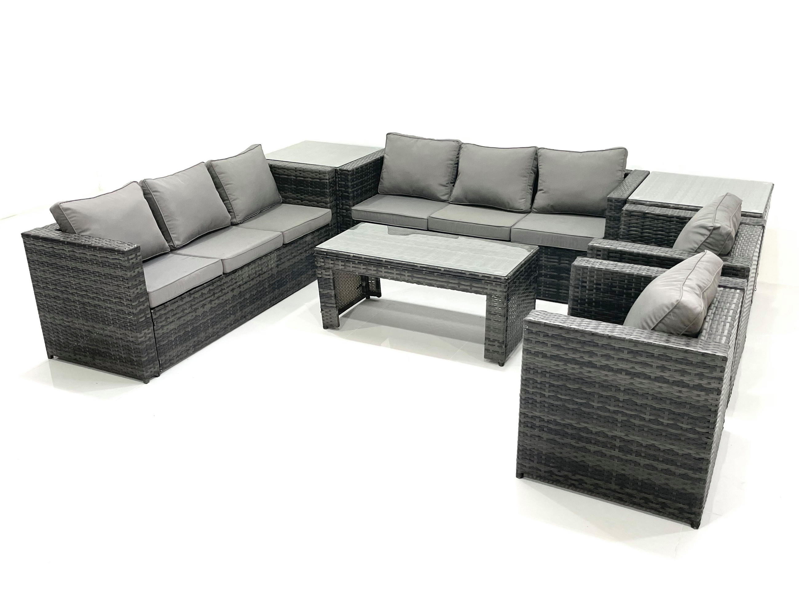 GARTENMÖBEL COUCHTISCH SET mit Sofa Polyrattan Outdoor 8-Sitzer - Dunkelgrau/Grau, Glas/Kunststoff - Fimous