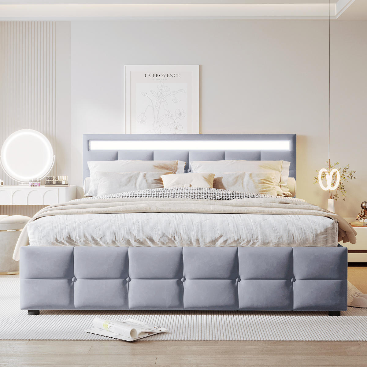 POLSTERBETT 180x200 cm LED Stauraum grau - Grau, Textil (180/200cm) - LEBENLANG