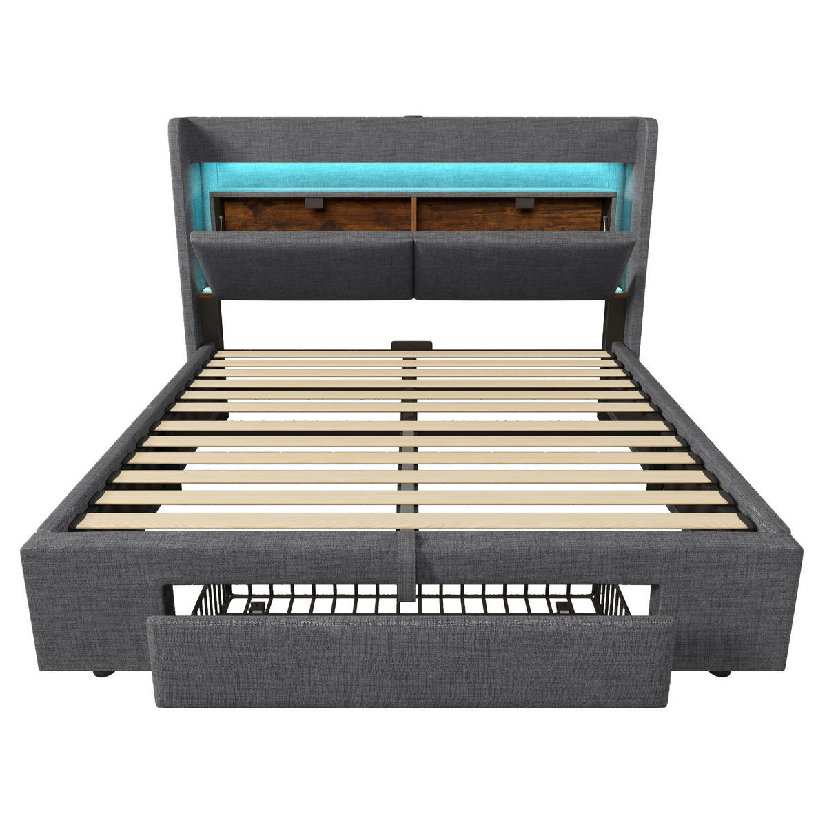 POLSTERBETT 160/200 cm mit LED, USB- und USB-C-Anschluss, hydraulischem Stauraum und Schublade, Leinen, Grau - Grau, Textil (160/200cm) - Redom