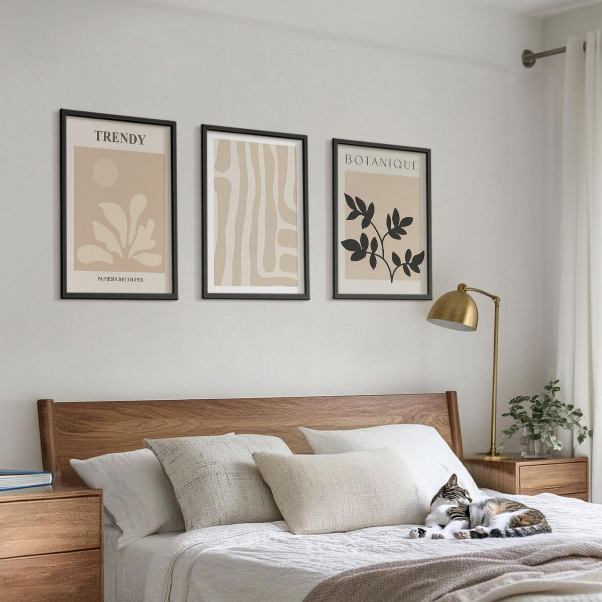 WANDBILDER 3er-Set - 40x60 cm Schwarzer Rahmen - Stilvolle Pflanzenmuster in Beige und Schwarz - Schwarz, Kunststoff (40/60cm) - ArtPrintCave