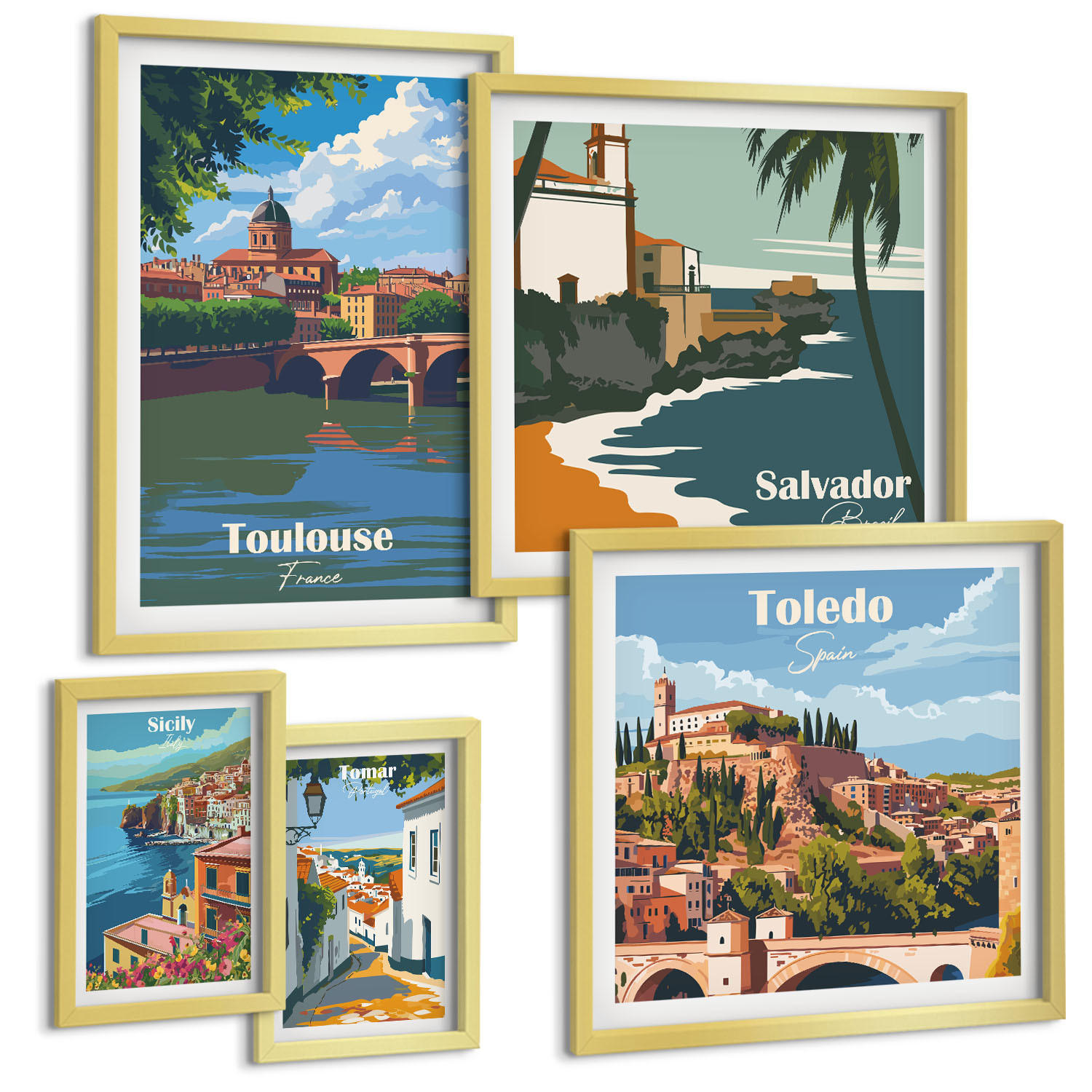 BILDER SET 5er Set - 50x50 cm & 20x30 cm & 40x60 cm Goldrahmen - Illustrationen zur Retro-Architektur der Berge - Goldfarben, Kunststoff (40/60cm) - TULUP