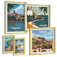 BILDER SET 5er Set - 50x50 cm & 20x30 cm & 40x60 cm Goldrahmen - Illustrationen zur Retro-Architektur der Berge - Goldfarben, Kunststoff (40/60cm) - TULUP