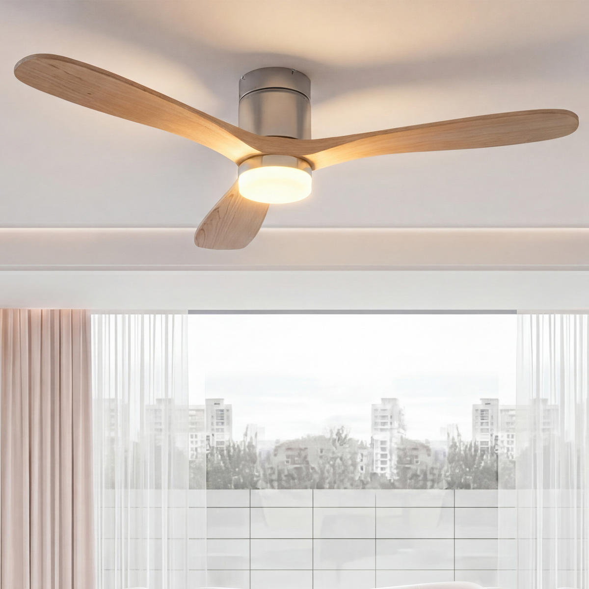 DECKENVENTILATOR mit LED-Licht, 132 cm, Holzflügel, 6 Stufen & Timer - Naturfarben, Metall (132/132/28cm) - EuroLiving