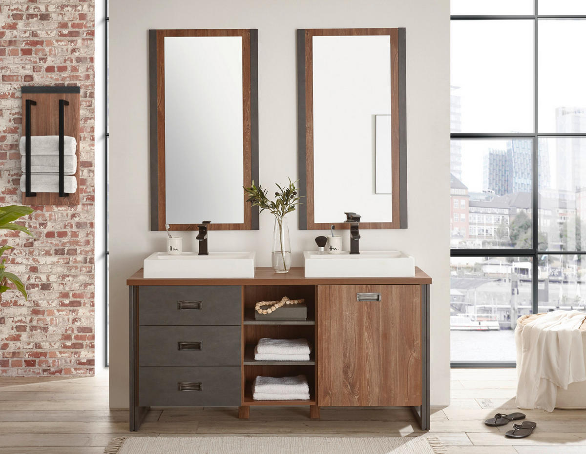 BADMÖBEL-SET 7-teilig Eiche Stirling, Matera grau, Doppelwaschtisch inkl. 2 x Waschbecken 277 x 205 cm Badkombination - Eichefarben/Grau, Holzwerkstoff (276/205/40cm) - Furn.Design