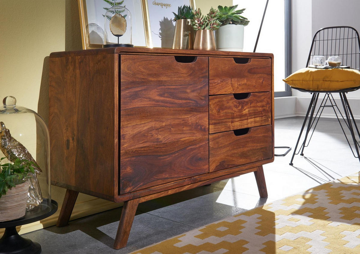 KOMMODE Sheesham 90x40x65 walnuss gewachst MALMÖ 2 #104 - Dunkelbraun, Holz (90/65/40cm) - Massivmoebel24