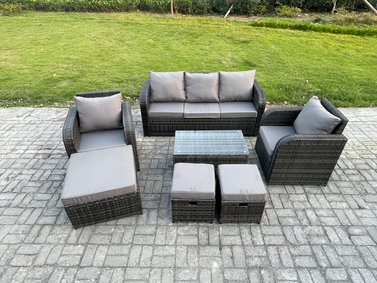GARTENMÖBELSET mit Couchtisch Polyrattan 8-Sitzer - Dunkelgrau/Grau, Glas/Kunststoff - Fimous