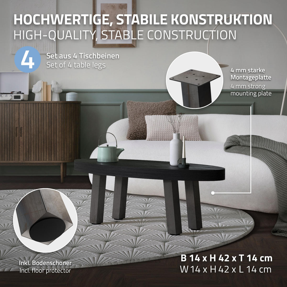 TISCHBEINE 4er Set I-96GRAD-Design H:42 cm Industrial 8x8 cm - Dunkelgrau, Metall (14/42/14cm) - ML-DESIGN
