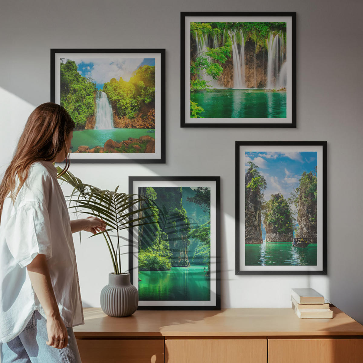 BILDER SET 4er Set - 50x50 cm & 40x60 cm Schwarzer Rahmen - Grüne Landschaften, Wasserfälle - Schwarz, Kunststoff (50/50cm) - TULUP