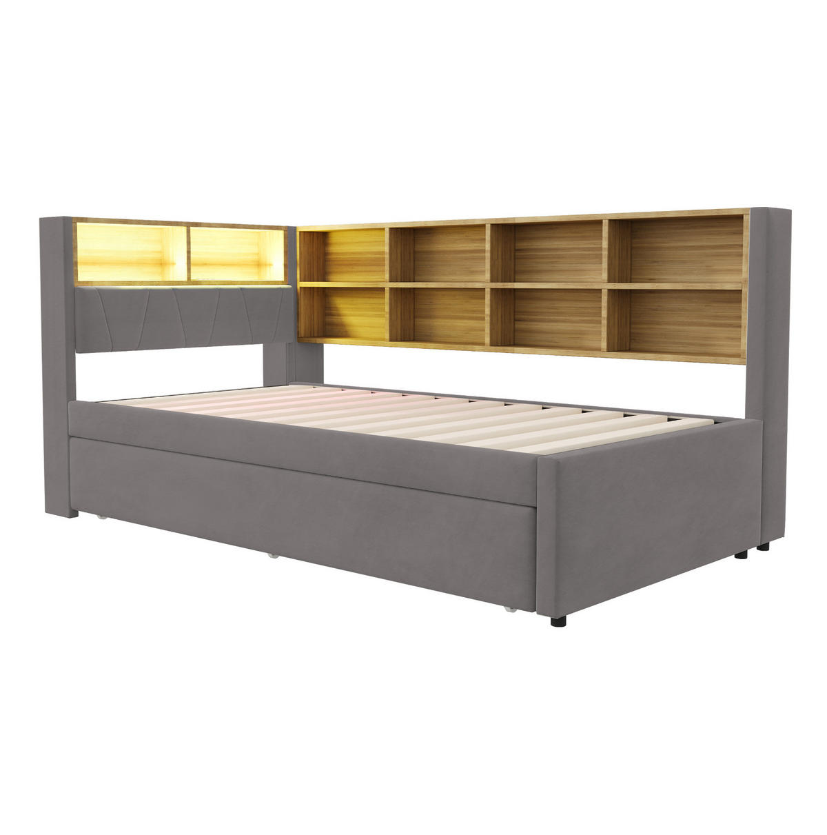 SCHLAFSOFA aus Flanell 90x200 cm Dunkelgrau mit Ausziehbett, LED-Beleuchtung und Ladeanschlüssen - Dunkelgrau, Textil (90/200cm) - IVMEU