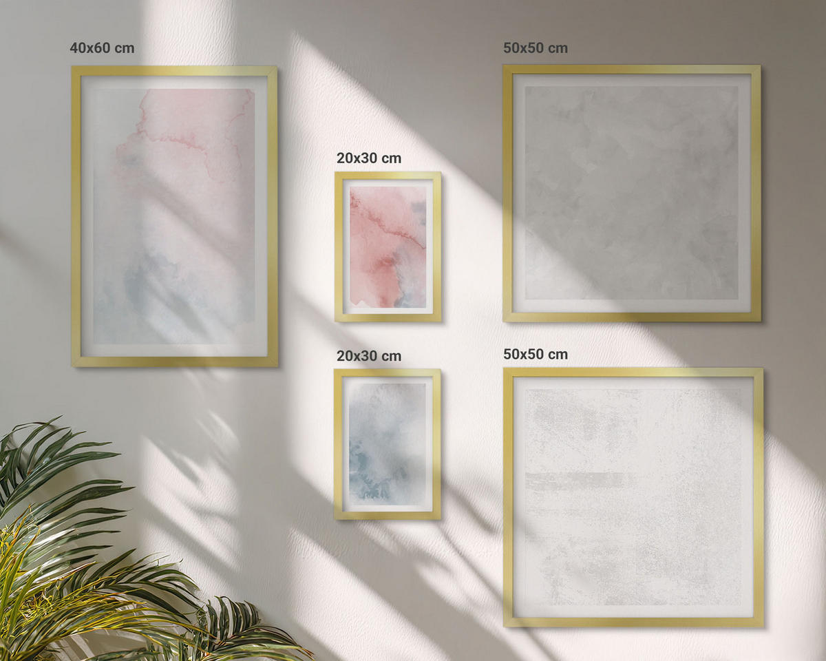 WANDBILDER 5er Set - 50x50 cm & 20x30 cm & 40x60 cm Goldrahmen - Pastellfarbene Aquarelltexturen - Goldfarben, Kunststoff (40/60cm) - ArtPrintCave