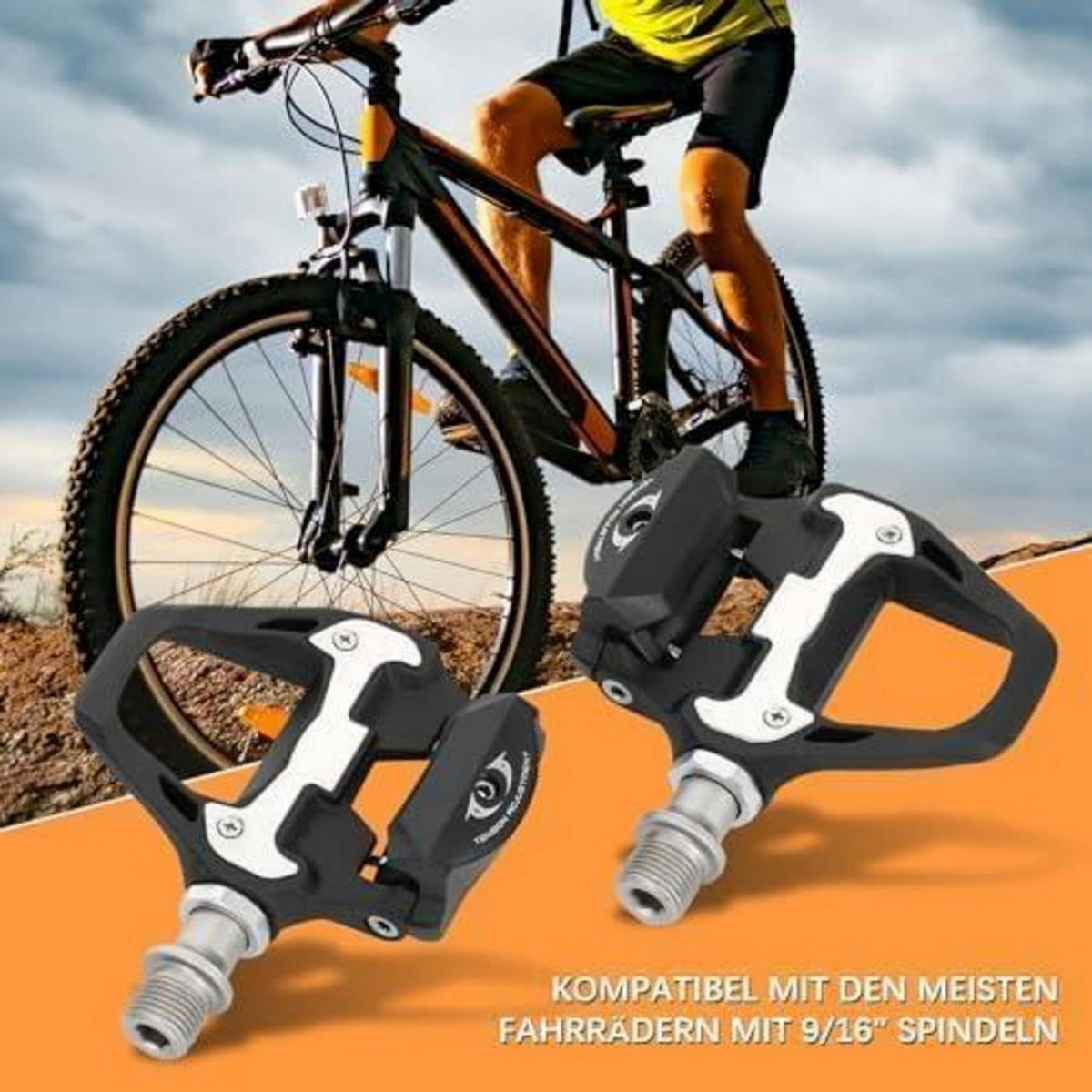 RENNRADPEDALE Set mit Cleats Aluminiumlegierung 9/16 Zoll Cr-Mo Achse - Schwarz, Metall (14/1.5/23cm)