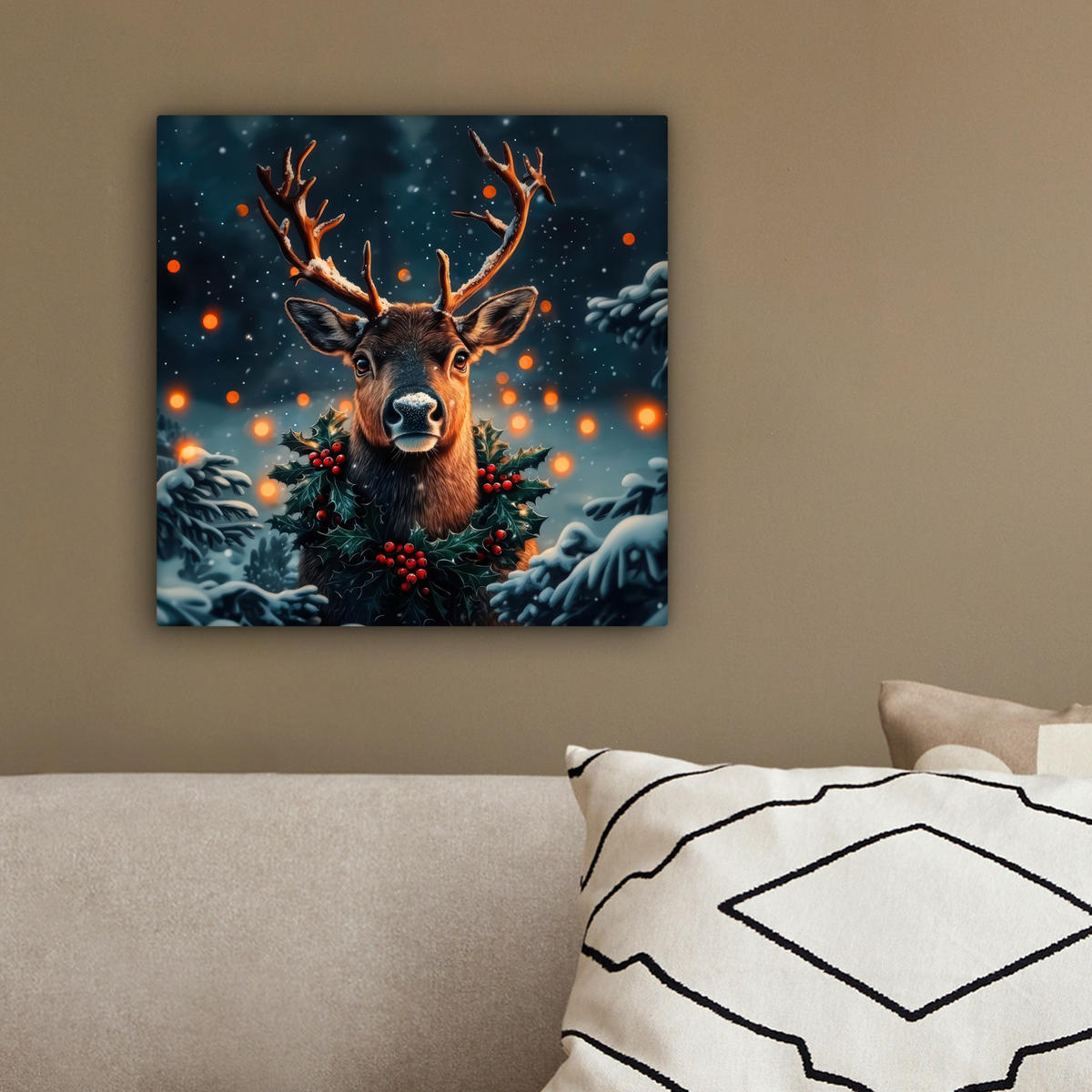 LEINWANDBILD Hirsch - Weihnachten - Winter - Schnee - Weihnachtskranz 20x20 cm - Dunkelbraun, Textil (20/20cm) - MuchoWow