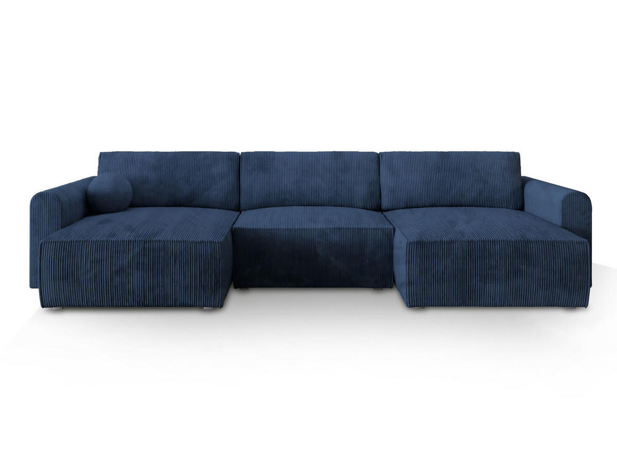 WOHNLANDSCHAFT FENTO P Blau Kordstoff mit Schlaffunktion - Blau, Holz (347/90/148cm) - MASSENO