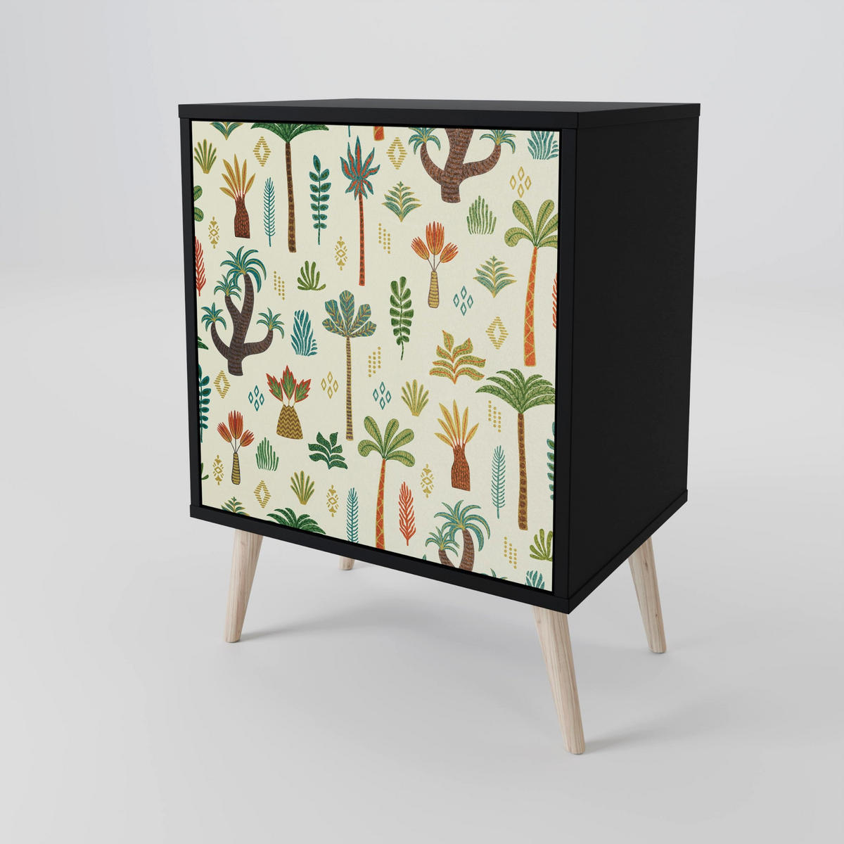 SIDEBOARD PALM SPRING, Schwarz, 57,5x42x75,5 cm, Goldfarbene Metallfüße - Goldfarben/Multicolor, Holzwerkstoff/Metall (57.5/75.5/42cm) - SpaceRebels
