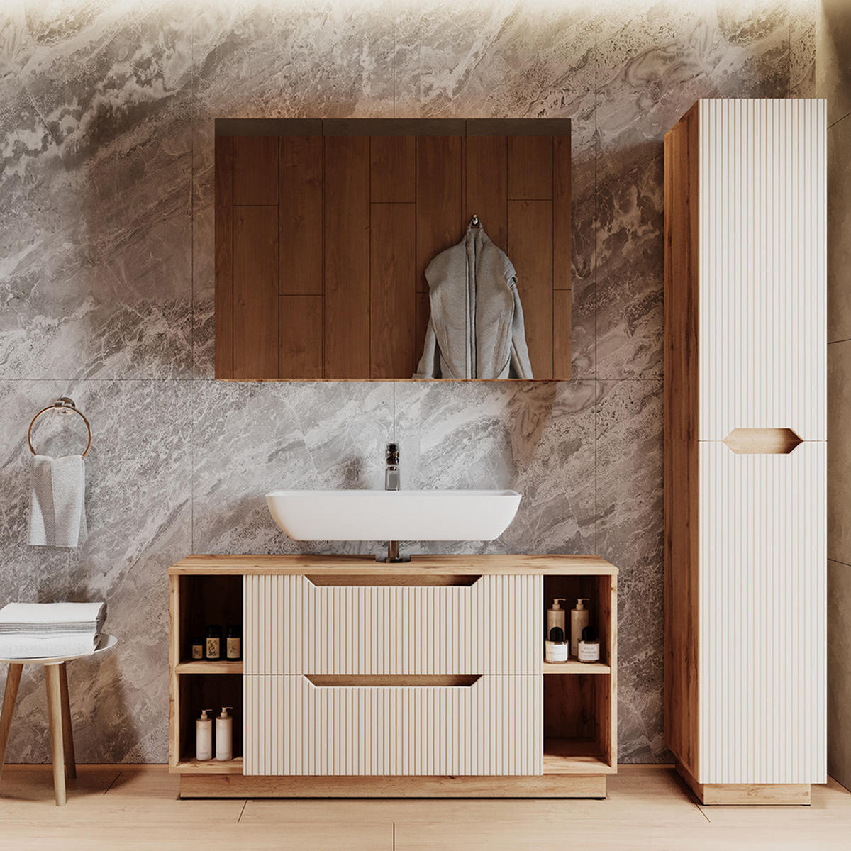 BADMÖBEL-SET Lotta Eiche/Kaschmir gestreift 3 Teile - Kaschmir/Eichefarben, Holzwerkstoff (119.2/62.5/35cm) - Vicco