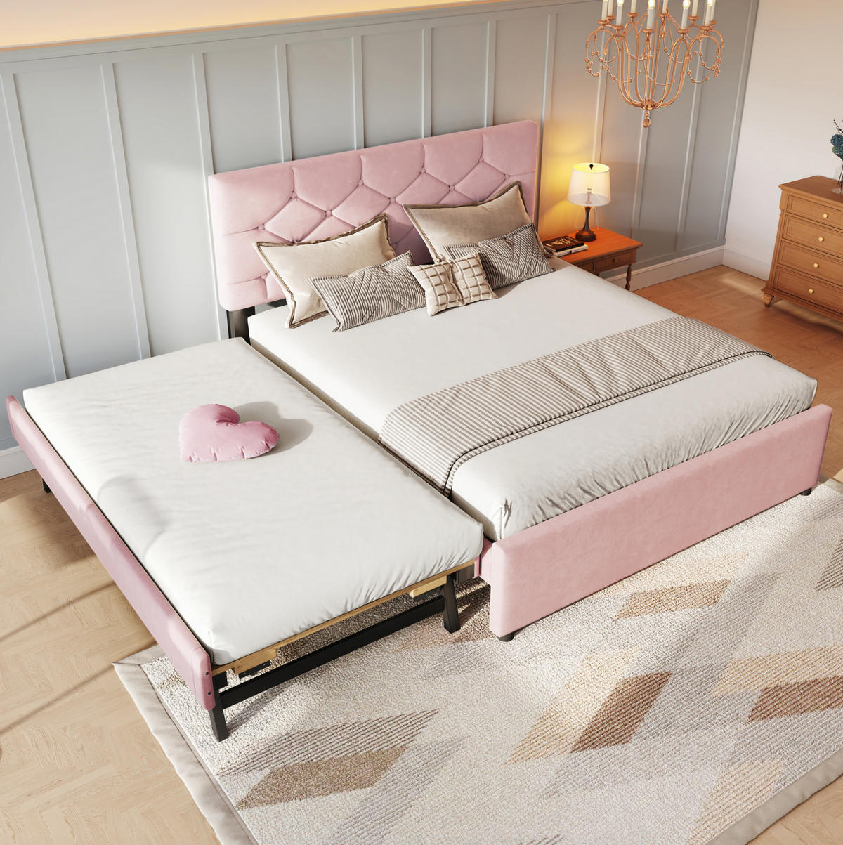 POLSTERBETT 140/200 cm rosa mit Rollcontainer aus Samt - Rosa, Textil (140/200cm) - OKWISH