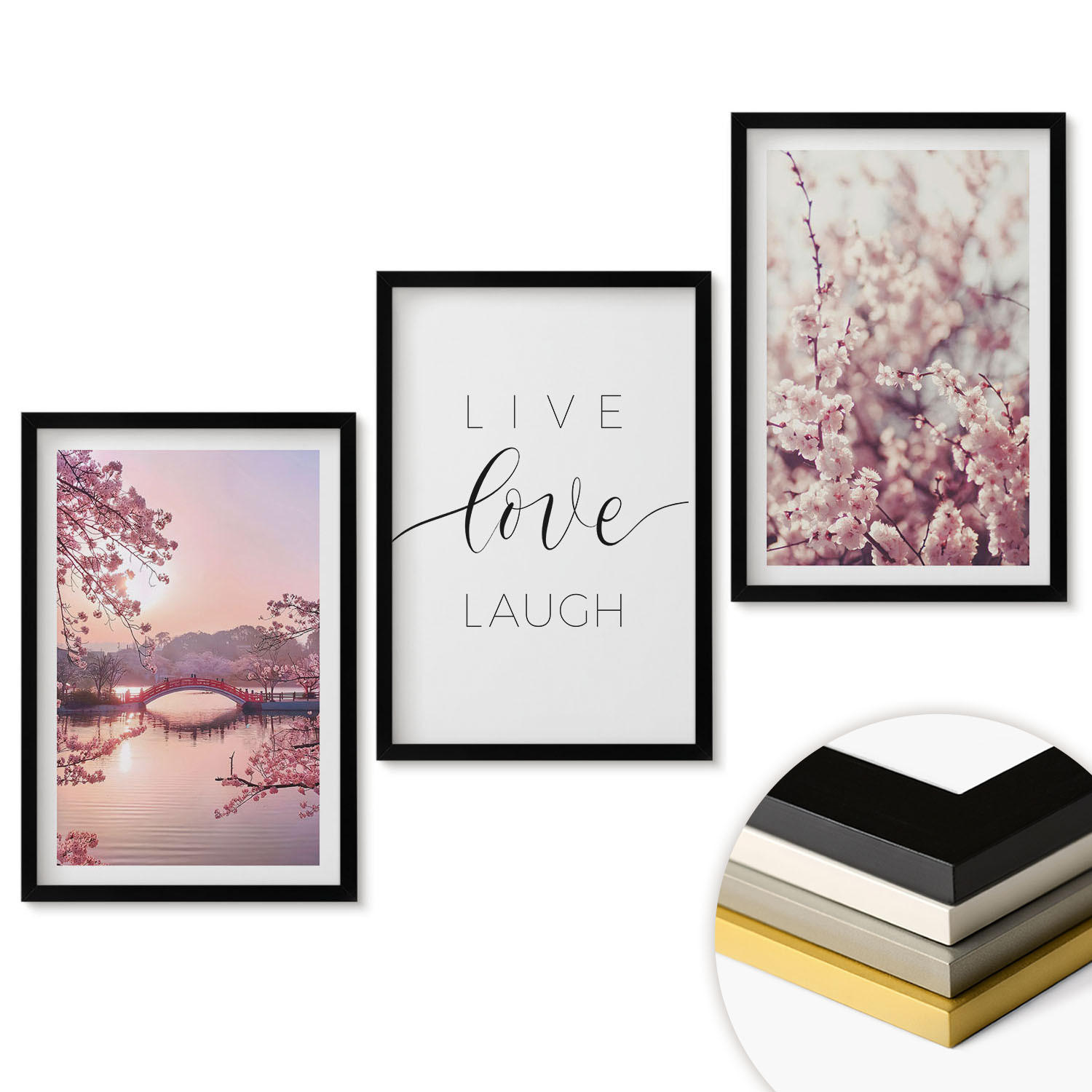 WANDBILDER 3er-Set - 40x60 cm Schwarzer Rahmen - Blumenbrücken-Inschriftenmotiv - Schwarz, Kunststoff (40/60cm) - ArtPrintCave