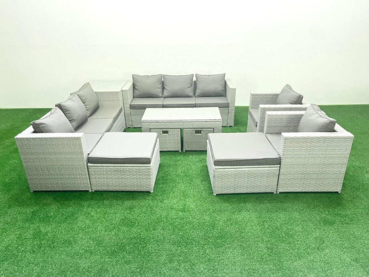 BALKONMÖBEL-SET Polyrattan Hellgrau-Mix 12-teilig - Hellgrau/Grau, Glas/Kunststoff - Fimous